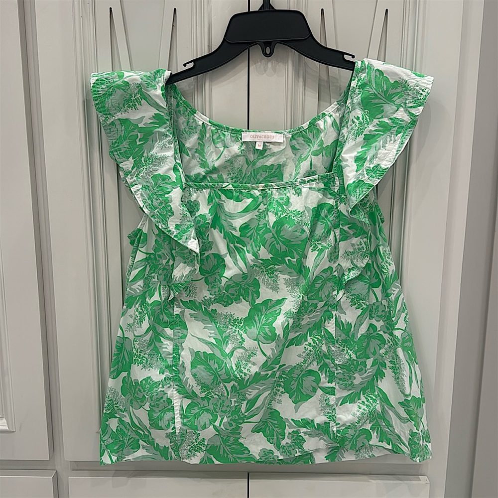 Olivaceous White and Green Floral Ruffle Sleeve Top